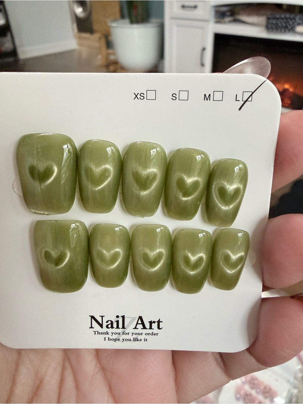 Olive Green Heart Press-On Nails -